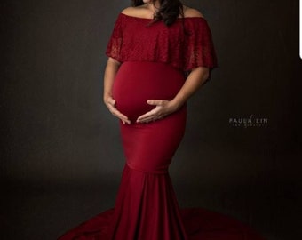Lucy Gown~Mermaid Stretch Jersey w Lace Ruffle/OffShoulder Maternity Photo Prop Dress /Baby Shower Gown/Plus Sizes!