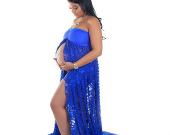 Royal Blue LACE Butterfly/Sweetheart Top Stretch Lace Maternity/Pregnancy Dress  Photo Prop Belly Photo Session/Baby Shower Gown