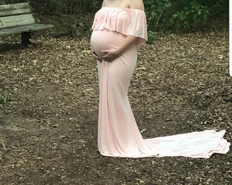 MARIA-Jersey Stretch Slimfit RUFFLE Off Shoulder Top/Mermaid Closed Gown/PLUS/Dress for Maternity  Pregnancy Photo/Baby Shower Photo Session