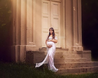 Ivory/offwhiteGown w Lace Short Sleeves/Off Shoulder w Long Lace Train/Soft Knit Jersey Maternity Shoot Dress/Baby Shower Gown/PLUS sizes