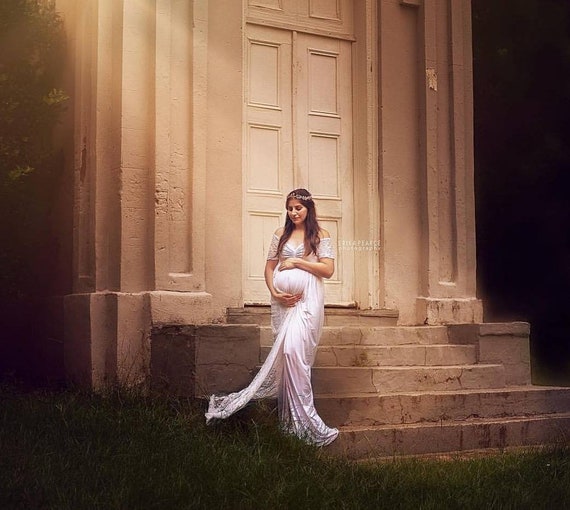 Ivory/offwhiteGown w Lace Short Sleeves/Off Shoulder w Long Lace Train/Soft Knit Jersey Maternity Shoot Dress/Baby Shower Gown/PLUS sizes