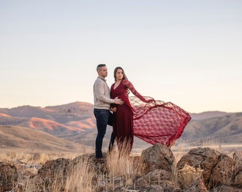 ELEGANT Modest On the Shoulders Gown w Long Lace Chiffon Train/Soft Knit Jersey Maternity Shoot Dress/Baby Shower Gown/All sizes