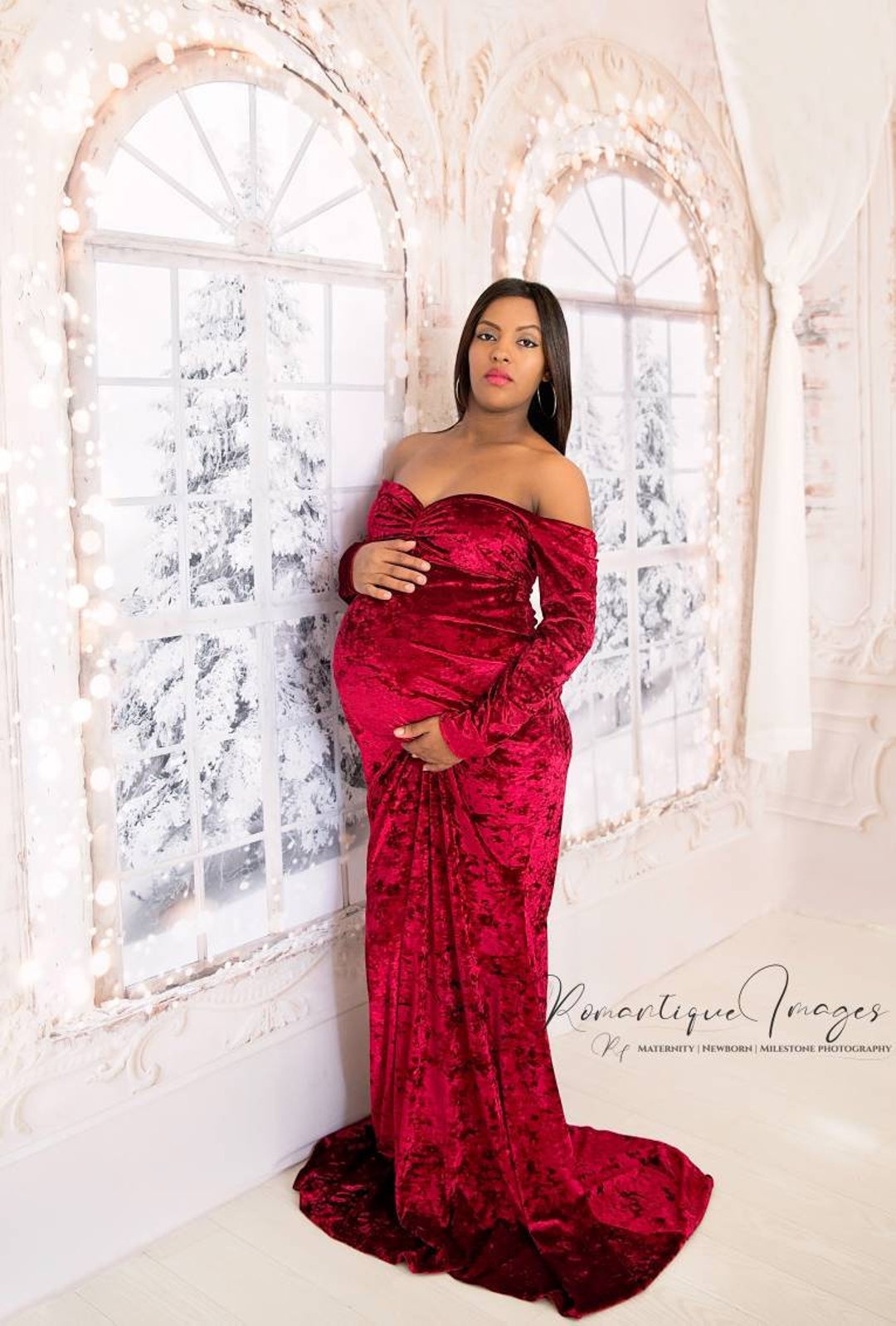 Stretch Crushed Velvet Mermaid Off Shoulder Long Sleeves/Winter Holiday/Special Occasions Maternity Shoot Dress/Baby Shower Gown