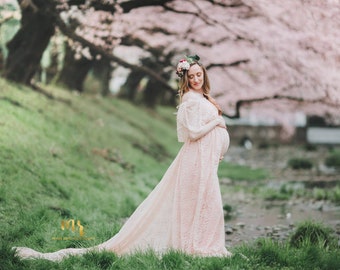 ADORIA Bohemian Style Blush Pink Lace Ruffle top Gown/Lined Closed /Off Shoulder Maternity Photo Dress /Baby Shower Gown/Sm-Plus Sizes!