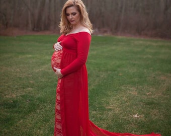 RED Maternity Long Sleeves OffShoulders Jersey/Lace Fully Lined Closed/Long Chiffon Train/Pregnancy Photo Shoot/BabyShower Gown/Plus size