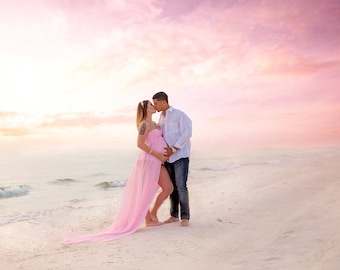 PINKLOVE Butterfly Lace/Chiffon Sweetheart orTube Top/Flowy Maternity Dress/GownPregnancy Photo Shoot/Baby Shower/Belly Photo Prop Gown