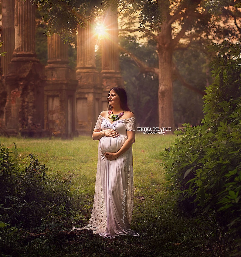 ELEGANT Modest On the Shoulders Gown w Long Lace Chiffon TrainSoft Knit Jersey Maternity Shoot DressBaby Shower GownAll sizes