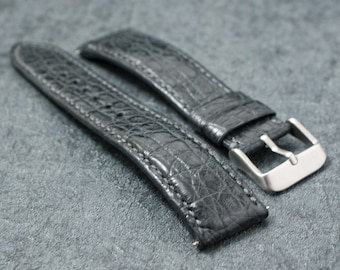 22mm Genuine Alligator Leather Watch Strap | Handcrafted Replacement Band with Stainless Steel Buckle | Black Alligator watch band 125/85mm