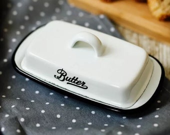 Enamelware Butter Dish with Lid, Farmhouse White Butter Dish, Vintage Style Black Rim, Enamel Butter Container with Cover