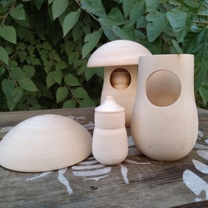 May include: A collection of unfinished wooden decorative items, including a mushroom-shaped piece, a small lidded jar, a rounded bowl, and a vase-like object with a circular opening. The items are arranged on a weathered wooden surface, with green foliage in the background.