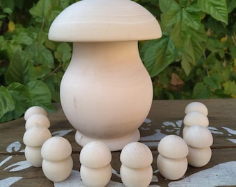 Big Wooden Mushroom Box with 10 Mini Mushrooms / Mushroom Crafts Set / Unpainted / Unfinished Toys / Montessori Toys / Wooden Sorter