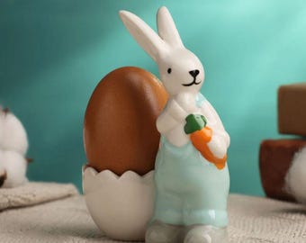 Figura de conejo de Pascua con forma de huevo / Decoración de conejo de cerámica / Perfecta para celebraciones de primavera