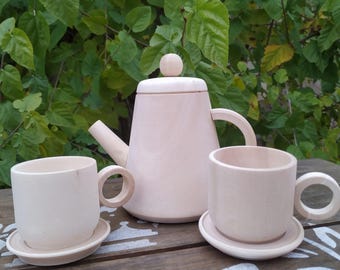 Wooden Tea Set Craft Blank | DIY Toy for Kids, Home Decor | Pretend Play | Unfinished Play Kitchen Toy | Wooden Teapot & Cups for Kids