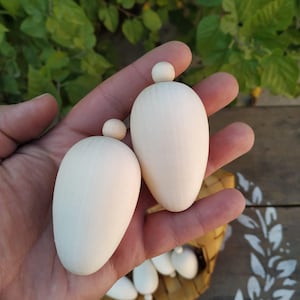 May include: Two unfinished wooden egg-shaped ornaments with rounded tops. The ornaments are held in a hand.