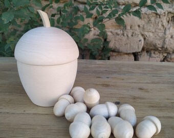 Wooden Acorn Box with 10 Mini Acorns / Acorn Set / Unpainted / Acorn Crafts / Unfinished Toys / Montessori Toys / Wooden Sorter / Unfinished