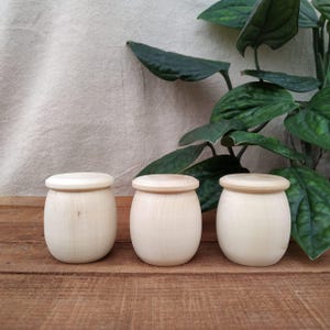 Può includere: Tre piccoli contenitori rotondi in legno con coperchi. I contenitori sono in legno chiaro e hanno una finitura liscia e lucida.