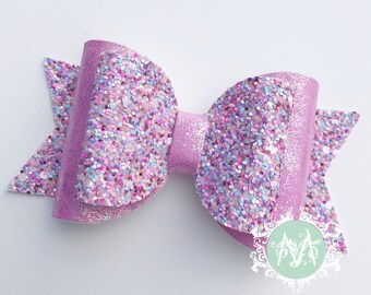 Baby Girl Headband, Pink Multicoloured Chunky Glitter with Bright Pink Oil Slick faux suede, Faux Leatherette Bow