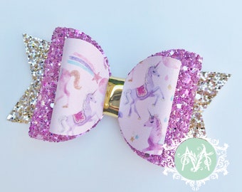 Unicorn Glitter Bow, Baby Girl Headband, Gold and Pink Glitter Bow, Gold and Light Purple Hair Accessory