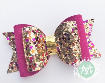 Baby Girl Headband, Gold / Fuchsia Glittered Bow, Girls Hair Bow