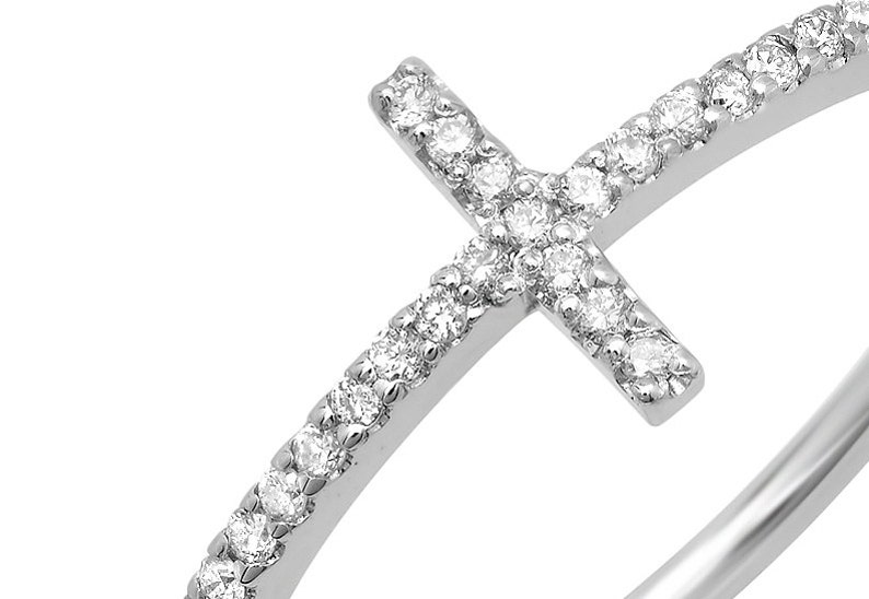 Diamond Cross Ring, Religious Christian Gold Ring, Sideways Cross Ring