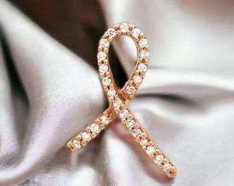 Diamond Breast Cancer Pendant, Diamond Ribbon Necklace on 14K Gold