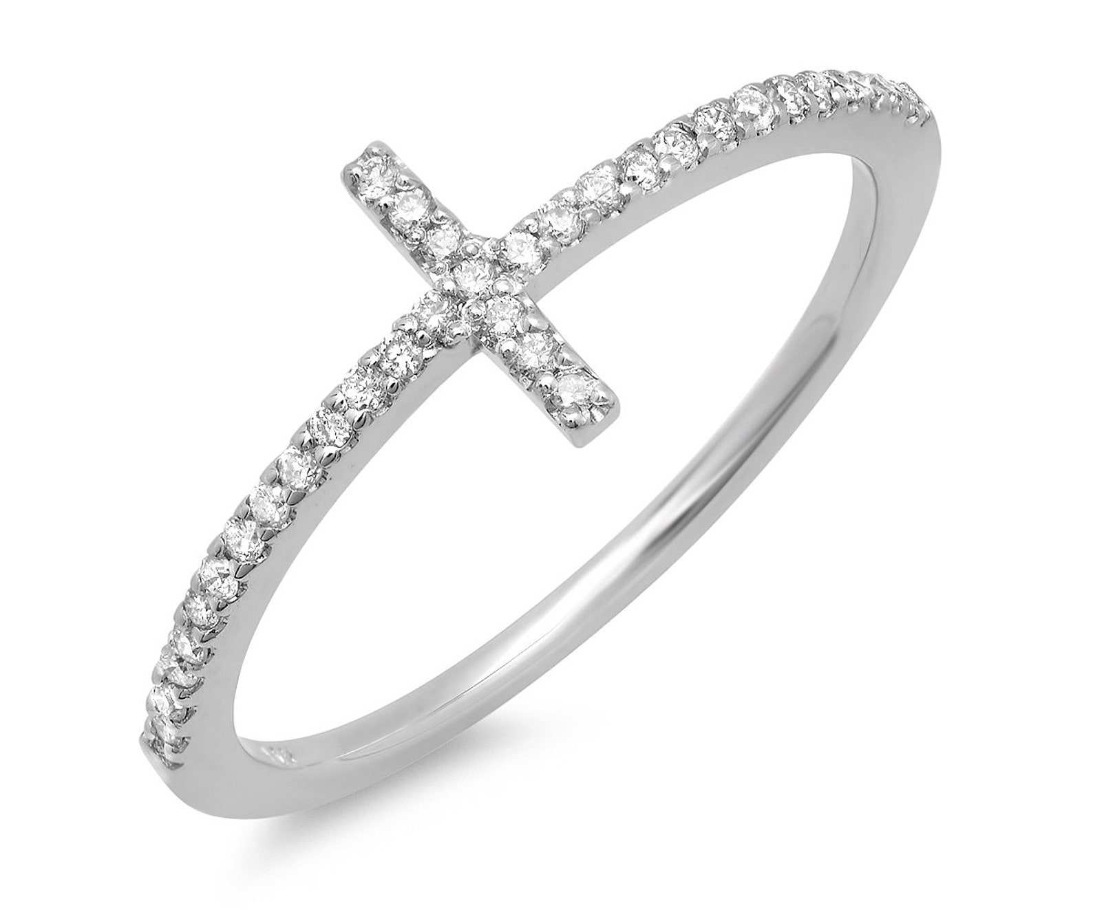 Diamond Cross Ring, Religious Christian Gold Ring, Sideways Cross Ring