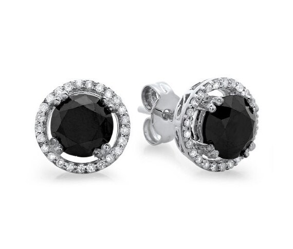 Black Diamond Stud Earrings Diamond Halo Stud Earrings 14k White Gold