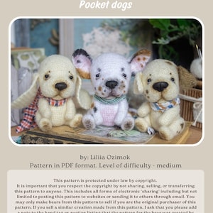 May include: Three crocheted pocket dogs in cream, white, and tan with patterned scarves. The dogs have black eyes and noses, and the text "CROCHET PATTERN Pocket dogs" is visible. The pattern is in PDF format.