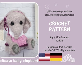 Crochet pattern amigurumi teddy baby elephant, (Amigurumi Doll Pattern)