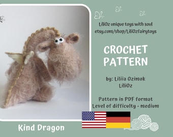 Virkat drake-amigurumimönster, dinosaurieleksak (PDF-mönster)