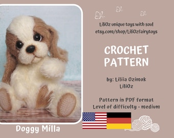 Puede incluir: Un patrón de crochet para un perro de peluche, con pelo marrón y crema, ojos negros grandes y orejas caídas. La imagen incluye el texto "CROCHET PATTERN" y "Doggy Milla". El patrón es de Liliia Ozimok.