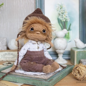 OOAK fantasy creature elf, Crochet Amigurumi doll little people living on a bookshelf.