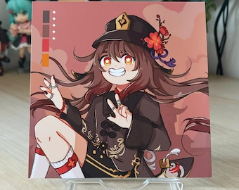 May include: Square print featuring an anime-style character with brown hair, wearing a black hat with a floral accent. The character is smiling and making a peace sign. The print is displayed on a clear stand.