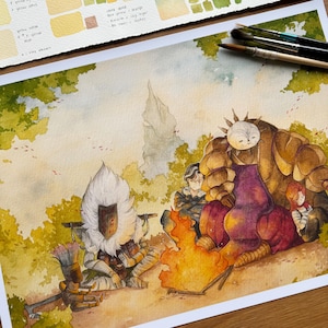 May include: Watercolor painting of a fantasy scene with characters around a campfire. The artwork features a large, armored figure, a character with a white fur-lined hood, and others. The color palette includes warm tones of orange, brown, and yellow.