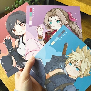 Impresión cuadrada de Tifa, Cloud y Aerith (14,5 cm) / Fanart de FF7