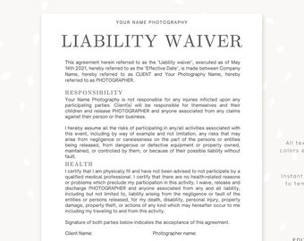 Photography Liability Waiver, Canva, Release form template, Illness Health statement, Injury release form, Waiver of liability, C05