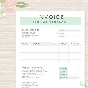 Invoice template, Photography invoice, Business invoice, Receipt template for Photographers, Photography forms, Photoshop template, PSD file