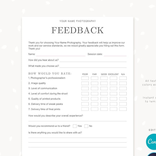 Client Feedback Form For Photographers, Customer survey template, Customer Feedback Form, Photography Forms, Templates for Photographers C05