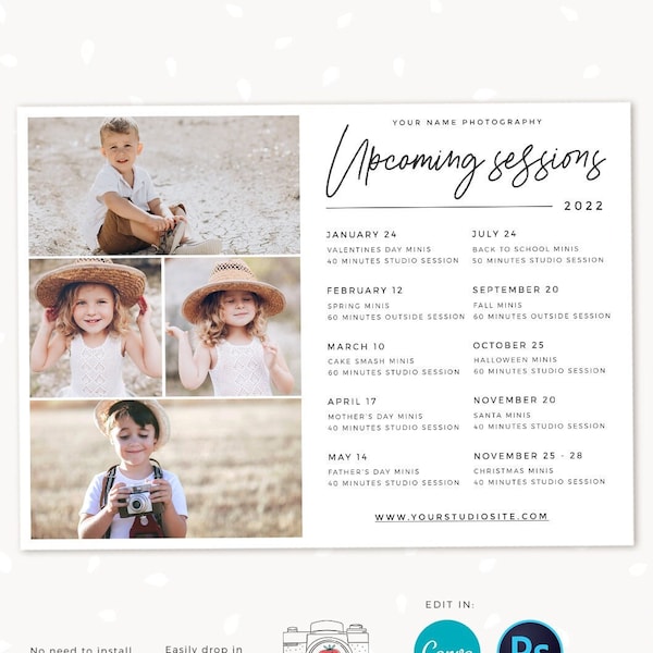 Upcoming sessions photography template, mini sessions calendar card, photography marketing board, session dates overview, sessions schedule