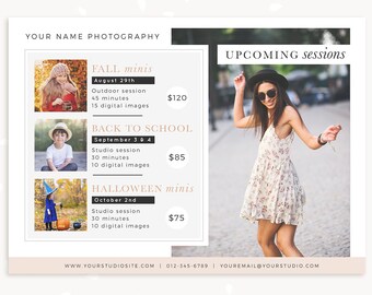 May include: A photography studio promotional flyer. It features a photo of a woman in a dress, and details for upcoming photo sessions: Fall, Back to School, and Halloween mini sessions. The flyer includes the studio's website and contact information.