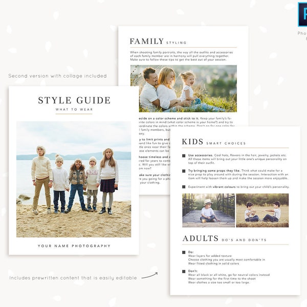 Style guide template for photographers, Style guide photography, Letter size, What to wear guide, What to wear template, family, kids