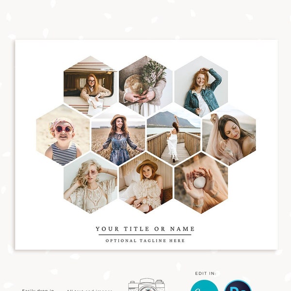 Honeycomb collage template, Canva, 8x10 Honeycomb photo collage template, Hexagon shape photo collage, Hexagon collage, 10 pictures collage