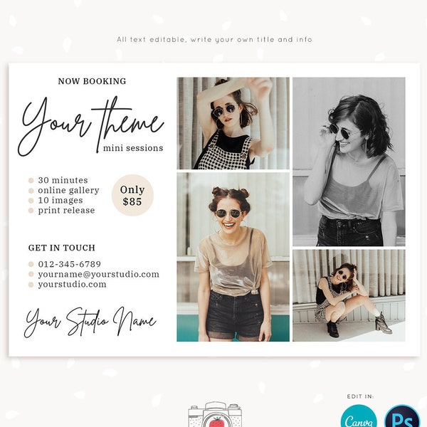 Mini Session Template, Canva, Photoshop, Mini session marketing, Photography marketing, Neutral mini sessions template, Editable marketing