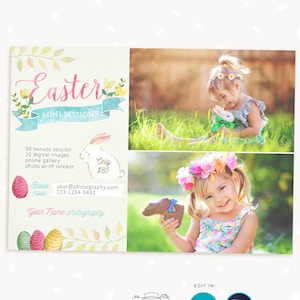 May include: A colorful Easter mini photo session flyer with a watercolor background. The flyer features two photos of children with Easter-themed props. The text on the flyer reads "Easter Mini Sessions", "30 minute session", "20 digital images", "online gallery", "photo print release", "Only $85", "Book now", "your@photography.com", "123-1234-5432", "Your Name photography", "No need to install any software", "Easily drop in your pictures", "STUDIOSTRAWBERRY", "EDIT IN:", "Canva", "Ps".