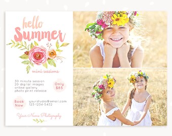 Summer Mini Session Template, Watercolor Floral Summer Mini Sessions, Marketing Board, Photoshop Template, Photography Marketing Set, PSD