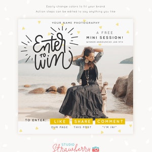 May include: Promotional graphic with the text "Enter to Win" in a handwritten style. The image features a woman sitting on a wooden chair on a beach. The text encourages viewers to like, share, and comment to enter a free mini session.