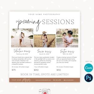 Fotovorlage für bevorstehende Sitzungen, Kalenderkarte für Mini-Sitzungen, Fotomarketing-Board, Sitzungsdaten, Sitzungsplan, c08