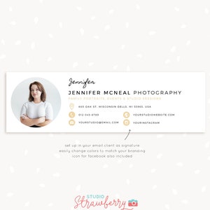 May include: A digital business card design featuring a headshot of a woman, the name "Jennifer," and business details. The card includes contact information, social media icons, and the text "Jennifer McNeal Photography."