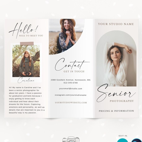 Senior photography guide, Trifold brochure template for photography, Letter Size unfolded, folded photography flyer, long flyer, graduation