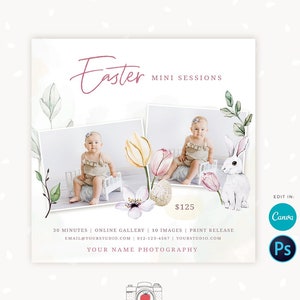 Easter Mini Session Template, Easter Mini Sessions Template, Easter minis marketing board, Easter Photo Sessions, Free Bonus Facebook Covers